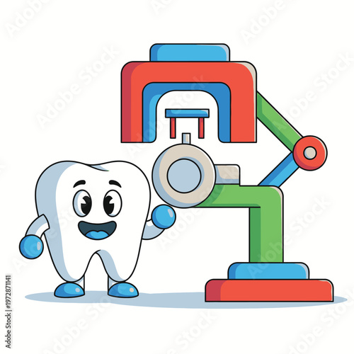 Tooth character with dental xray machine.