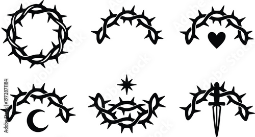 Black crown of thorns with heart crescent star and dagger vector art set