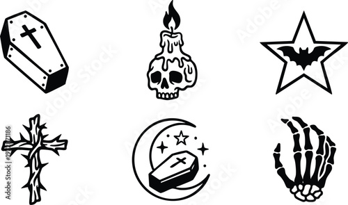Black and white gothic coffin day of the dead skeleton hand candle and bat icons set
