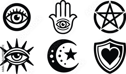 Black and white mystic symbols including eye hand moon star and heart shield vector art