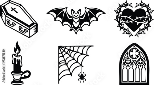 Black and white gothic icons coffin bat sacred heart candle spider web window