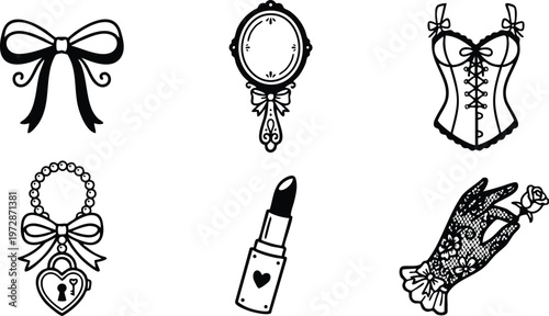 Black and white vintage corset lipstick bow hand mirror and lace glove vector art