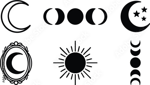 Black and white sun and moon phases vector art set with stars and decorative frame