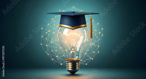 Glowing Light Bulb with Graduation Cap Education Innovation Concept