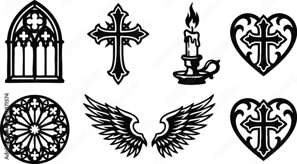 Fototapeta premium Black and white gothic cross hearts candle wings and stained glass window vector art