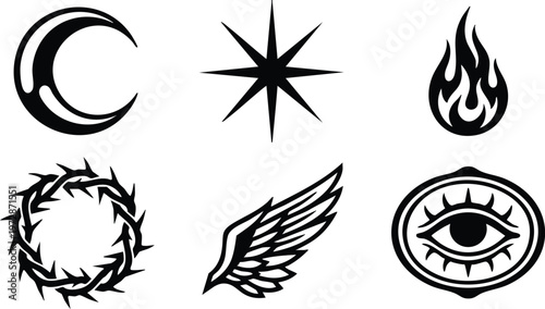 Black and white collection of crescent moon star flame crown of thorns wing and eye icons