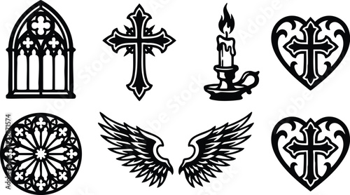 Black and white gothic cross hearts candle wings and stained glass window vector art