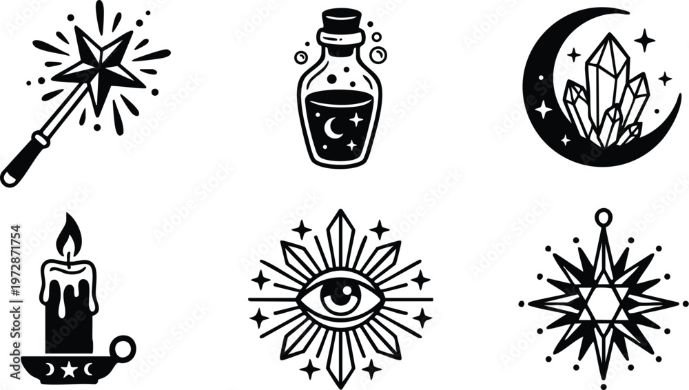 Naklejka premium Black and white mystic magic wand potion candle and crystal moon vector art