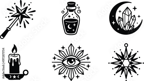 Black and white mystic magic wand potion candle and crystal moon vector art