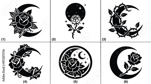 Black and white rose with crescent moon and stars vector art set
