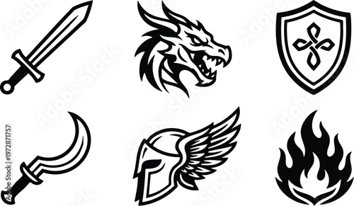 Black and white sword dragon shield helmet with wings and flame vector art