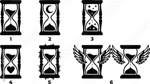 Black and white hourglass icons with moon heart wings and stars motifs