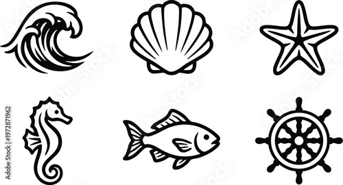 Black and white sea wave shell starfish seahorse fish and ship wheel vector art