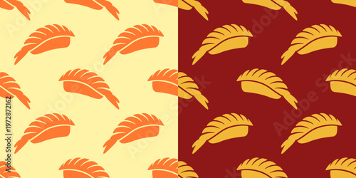 sushi seamless pattern background vector illustration. sushi ebi seamless pattern illustration. two styles sushi seamless pattern on yellow and red background. japanese sushi food icon illustration