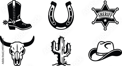 Black and white western icons cowboy boot horseshoe sheriff badge bull skull cactus and hat
