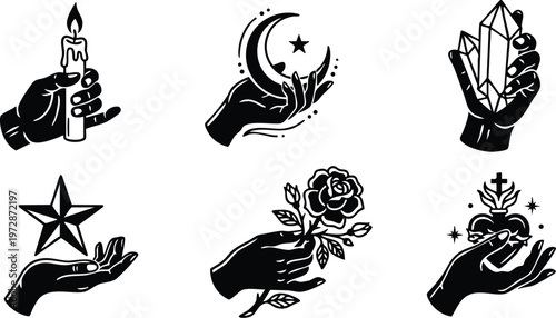Black hand holding candle moon star crystal rose and sacred heart flat vector art