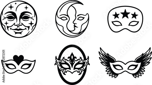 Black and white moon face and six decorative masquerade masks vector art