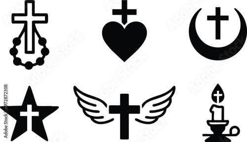 Black and white religious cross icons with rosary heart star wings and candle