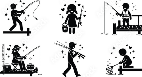 Children fishing with rods and nets on docks