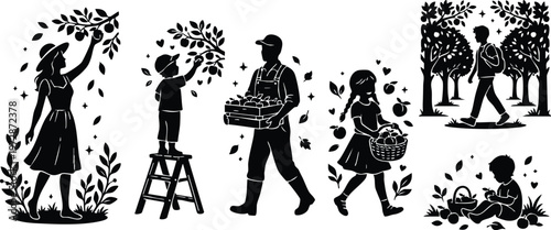 Black and white silhouette family picking apples together in orchard vector art