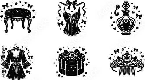 Black and white vintage corset perfume bottle gift box stool and tiara line art vector set