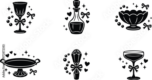 Black and white romantic vector art set with glass decanter bowl and tray with bows