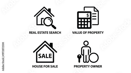 Real Estate Icons Set, Property Search, House Sale, Owner, Value, Black Line Style