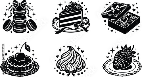 Black and white dessert icons macaron cake chocolates cherry tart whipped cream and chocolate strawberry