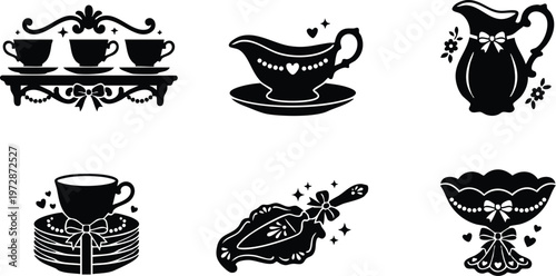 Black and white vintage tea set vector art with decorative ribbons and heart ornaments
