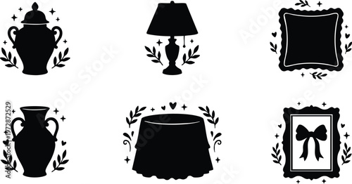 Black silhouette decorative vases table lamp and framed bow illustration set