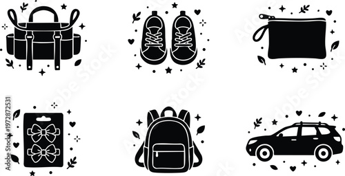 Black silhouette collection of travel bag shoes clutch bow backpack and car vector art