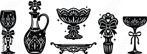 Black and white vintage glassware set with bows and hearts in vector art