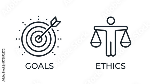 Business Ethics Goals Vector Icons, Line Style, Black, Corporate Values, Target, Scales