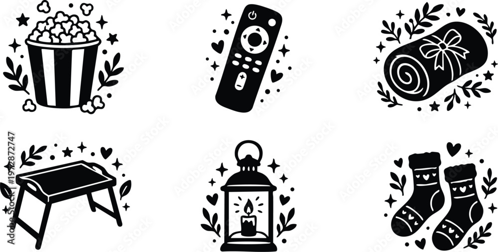 Fototapeta premium Black and white cozy night vector art with popcorn remote blanket socks and candle