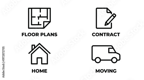 Moving House Icons Set, Home Floor Plans, Contract and Delivery Truck, Minimalist Line Style