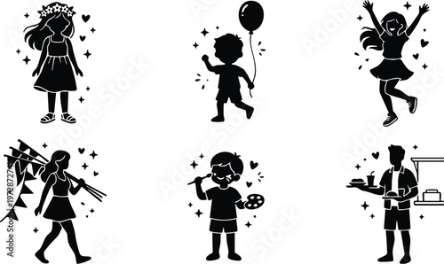 Black silhouette children with balloon flower crown and party flags vector art