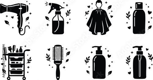 Black and white hair salon tools hairdryer spray bottle barber cape and hairbrush icons
