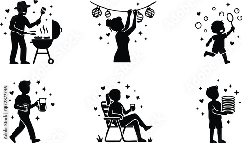 Silhouette people doing summer party activities grilling hanging lanterns blowing bubbles serving plates relaxing with drink