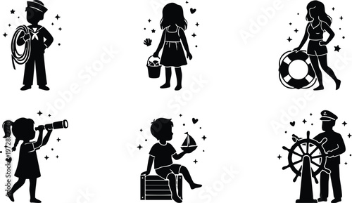 Black and white nautical children and sailors silhouettes with star and heart accents