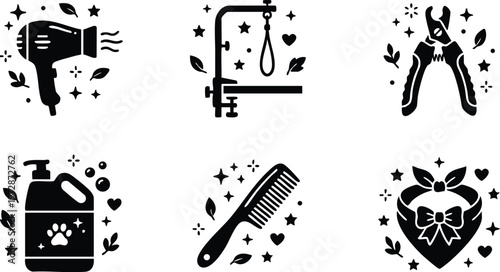 Black silhouette pet grooming tools set with paw shaped shampoo bottle heart shaped bow and comb