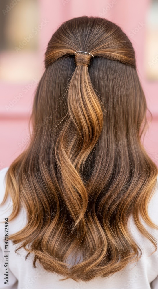 Naklejka premium Elegant Half-Up Hairstyle with Flowing Wavy Brown Hair.