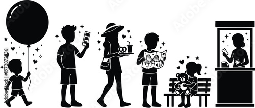 Black and white silhouettes of children with balloon map and food at ticket booth