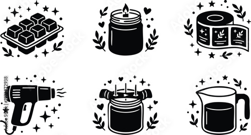 Black and white candle making tools including wax cubes jar wick and heat gun vector art