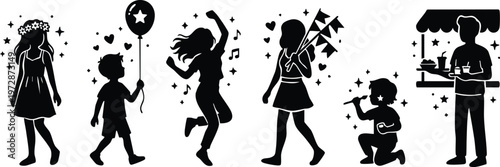 Black and white vector art silhouettes of children playing with balloons musical notes and flags with vendor stall