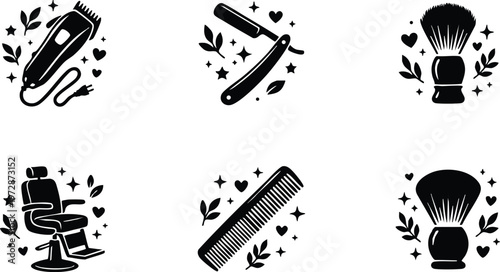 Black and white barber tools clipart including clipper razor brush chair and comb