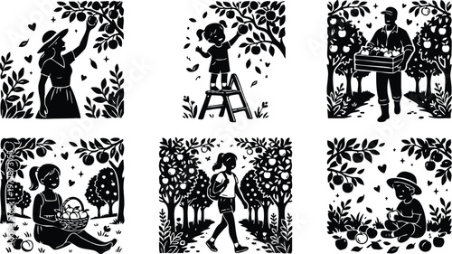 Black and white orchard picking fruit vector art with children and adults
