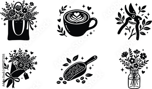 Black and white floral bouquet coffee beans pruning shears and jar vector art icons