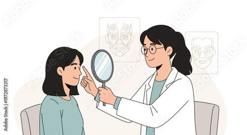 Dermatologist examines patient's face with magnifying glass, facial analysis sketches in background
