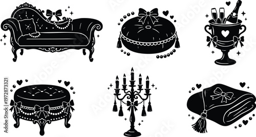 Black silhouette vintage chaise lounge candle holder and champagne bucket with bows and pearls vector art