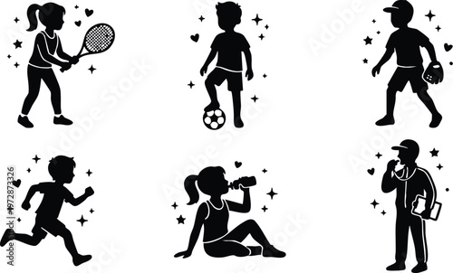 Black and white silhouette children playing tennis soccer baseball running and resting vector art